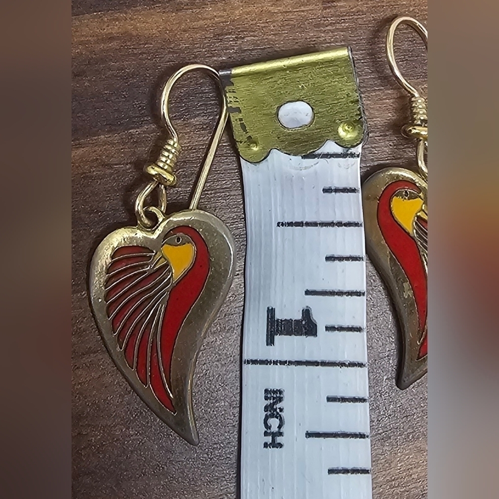 Laurel Burch DOVE HEART Bright Red Gold Tone Dangle Earrings - Picture 5 of 8